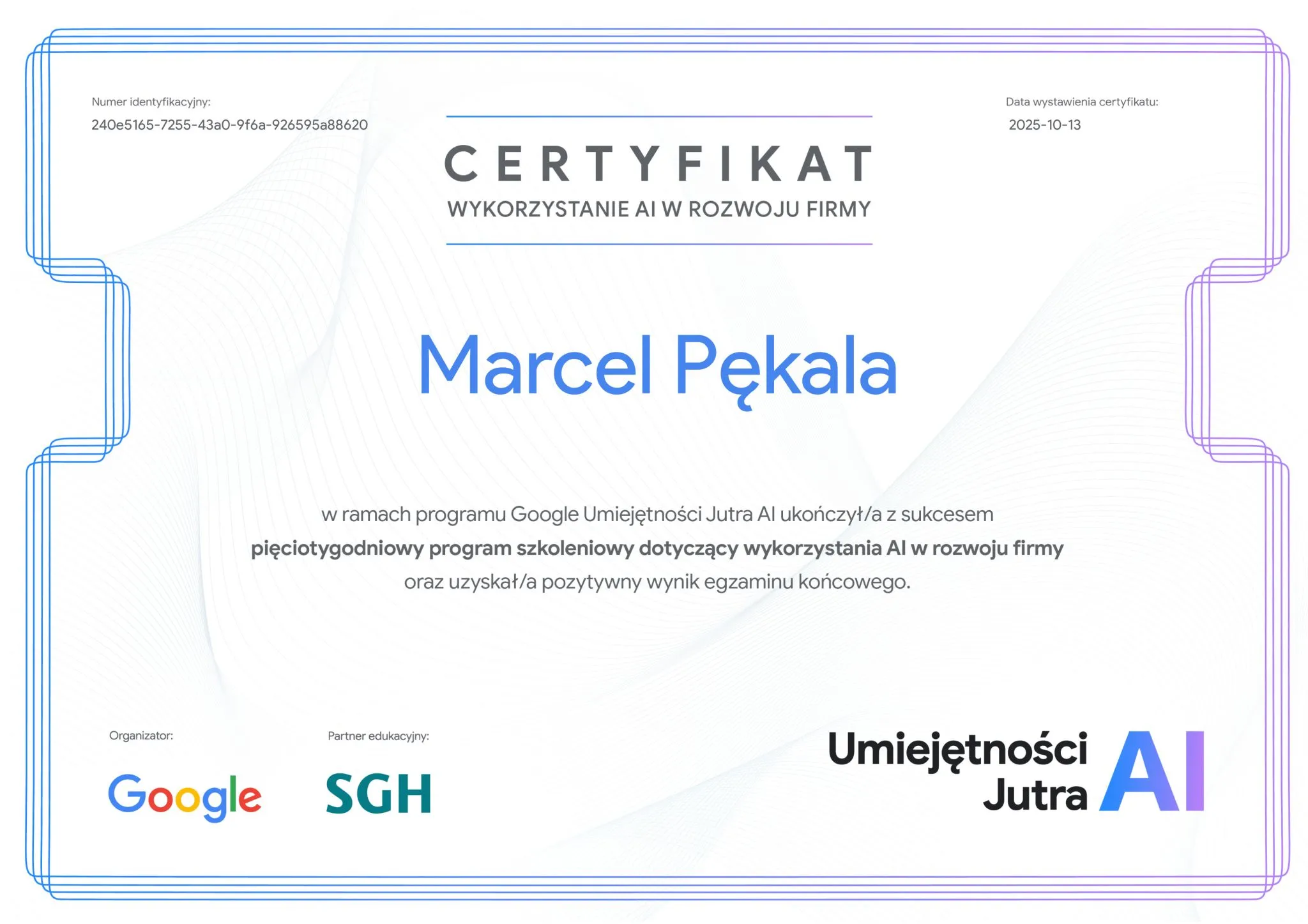 Certyfikat Umiejętności Jutra AI – Marcel Pękala
